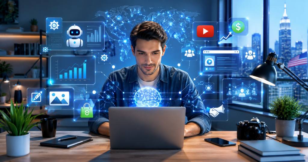 Best AI Side Hustles 2026 featuring AI tools, freelancing, YouTube automation, digital products, and affiliate marketing opportunities.