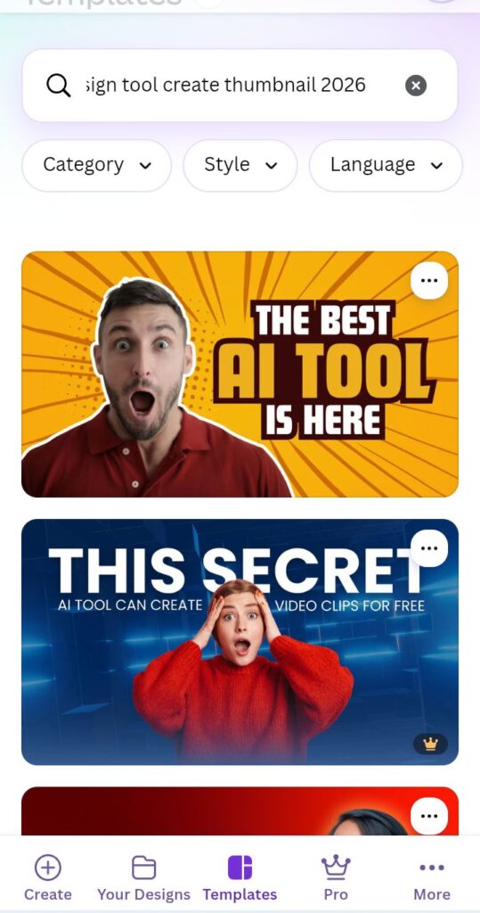 Canva AI interface showing thumbnail and graphic design creation tools