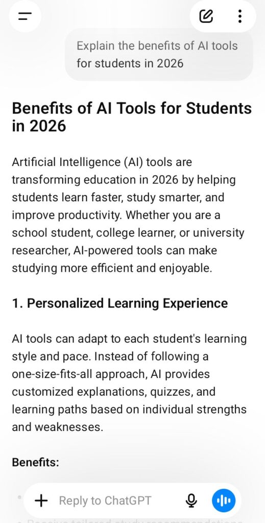 ChatGPT helping students with homework and explaining AI tools in 2026