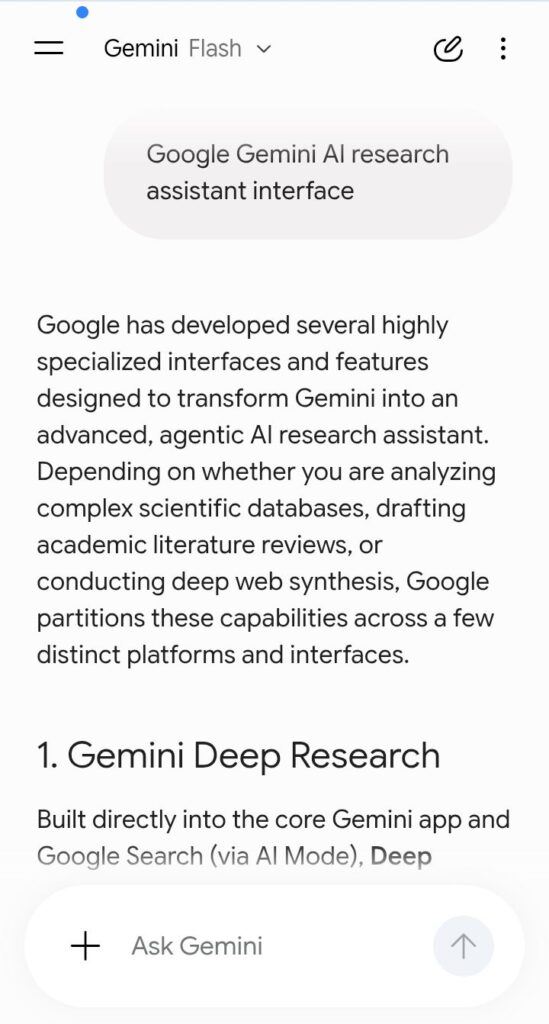 Google Gemini AI interface showing research results and answers