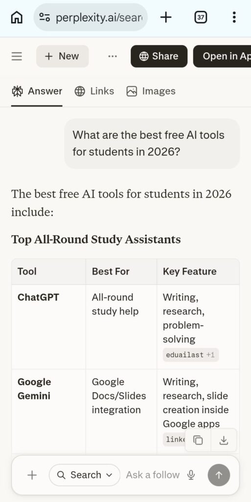 Perplexity AI showing research answers with sources for students in 2026
