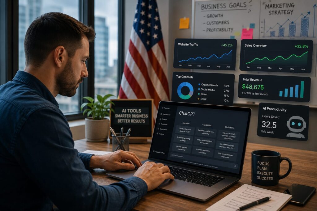 American small business owner using AI tools for business growth in 2026