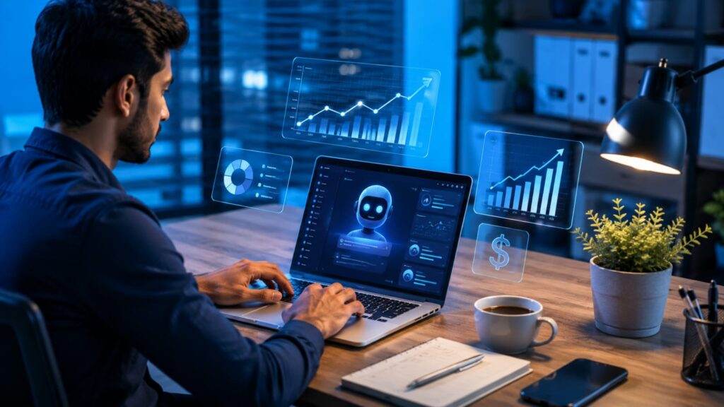 Professional freelancer using AI tools to make money online in 2026