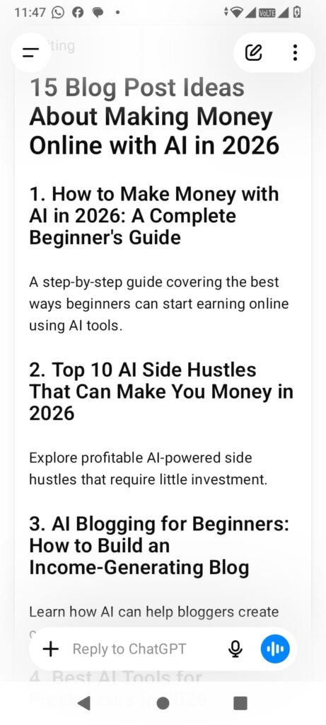 ChatGPT dashboard for AI content writing and making money online in 2026