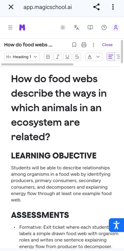AI generated lesson plan result for classroom teaching using MagicSchool AI