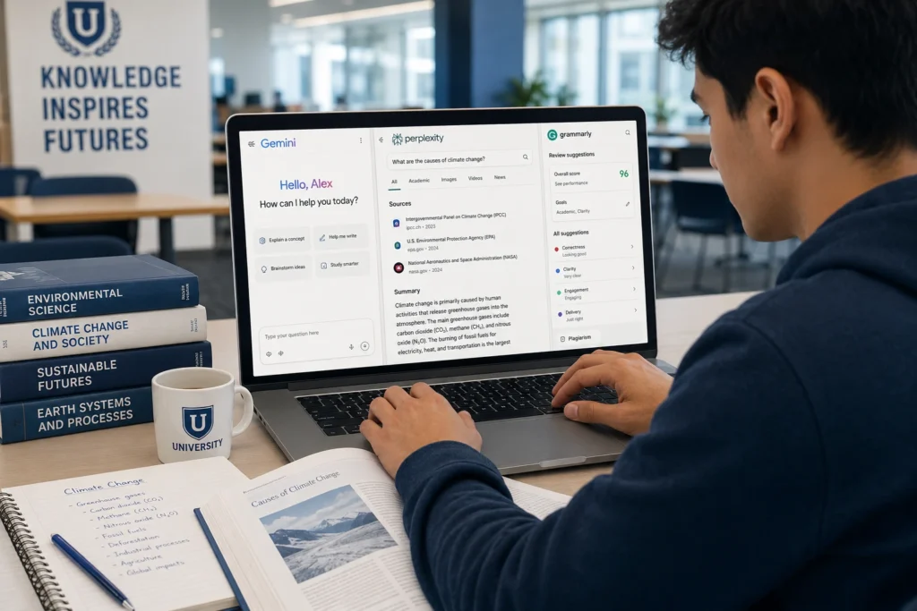 Student using Gemini, Perplexity AI, and Grammarly for research and academic writing in 2026.