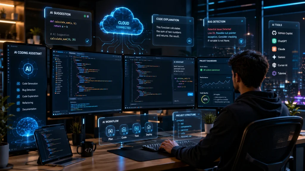Best AI Coding Tools in 2026 futuristic developer workspace with AI powered coding assistants and multiple monitors