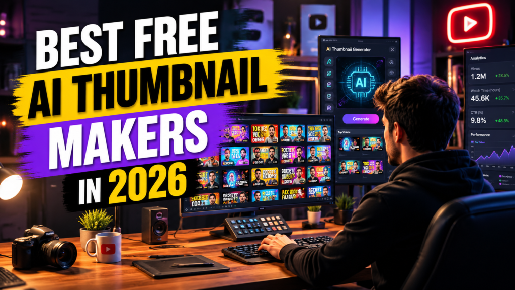 Best Free AI Thumbnail Makers in 2026 featuring a YouTube creator using AI tools to design high-converting video thumbnails.