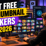 Best Free AI Thumbnail Makers in 2026 featuring a YouTube creator using AI tools to design high-converting video thumbnails.