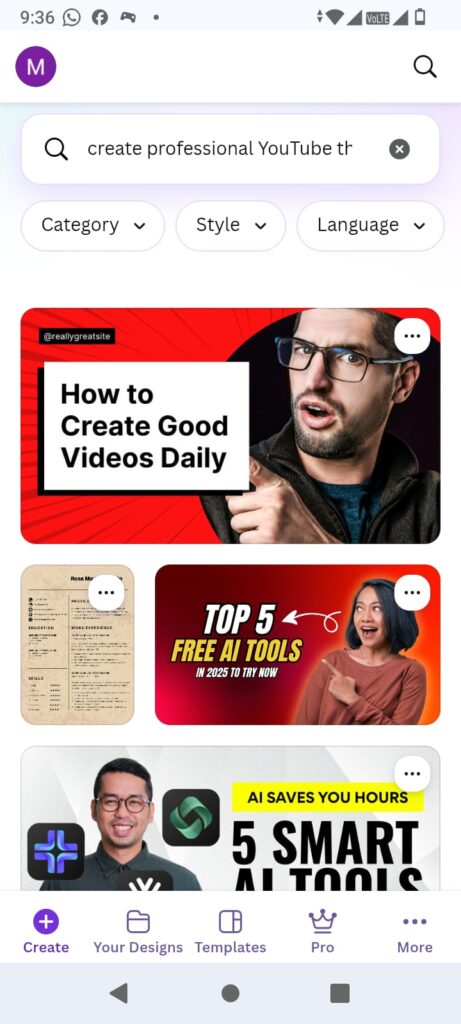 Canva AI thumbnail design workspace helping YouTubers create professional YouTube thumbnails and channel graphics in 2026.