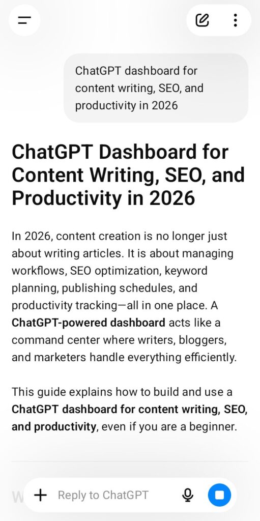 ChatGPT AI assistant dashboard for content writing, SEO blog ideas, and productivity in 2026