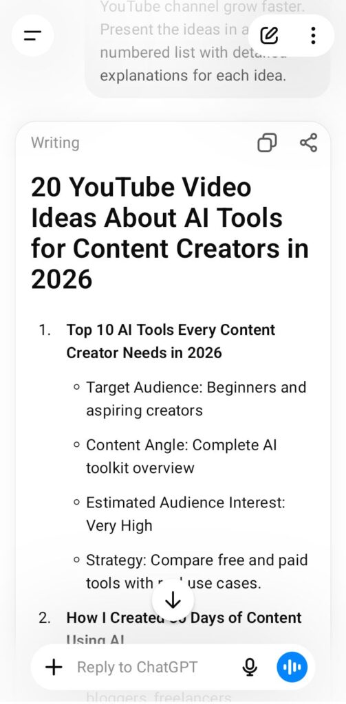 ChatGPT AI tool helping YouTubers generate video ideas, scripts, and content plans in 2026.