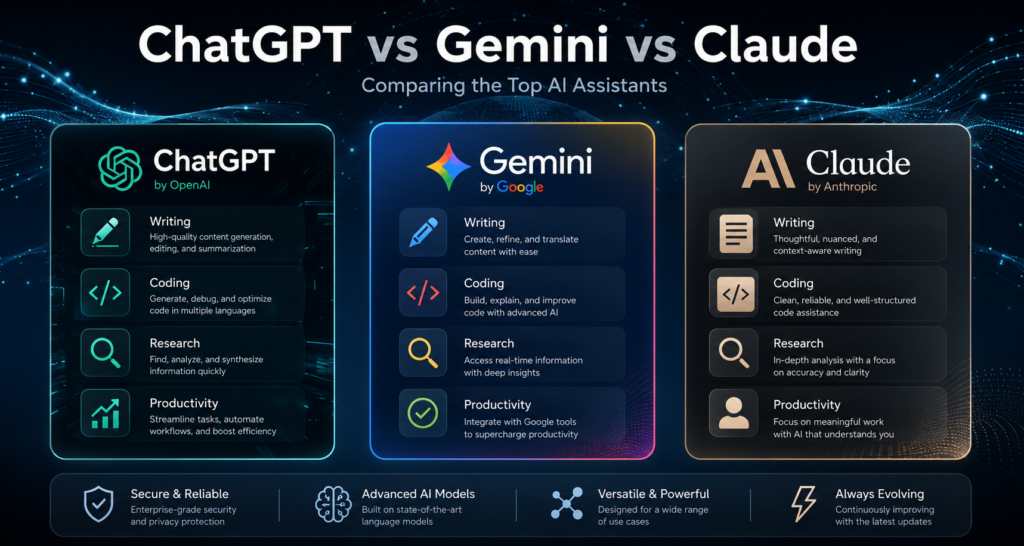 ChatGPT vs Gemini vs Claude 2026 comparison featured image showing three AI tools in a modern infographic design