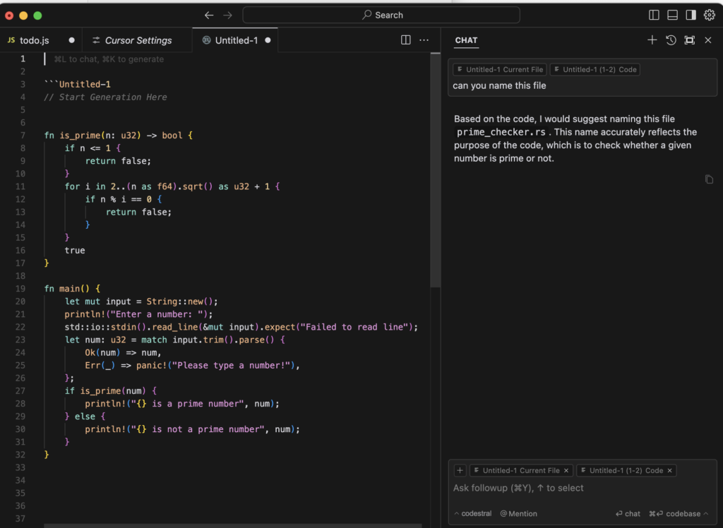 Cursor AI editor generating code