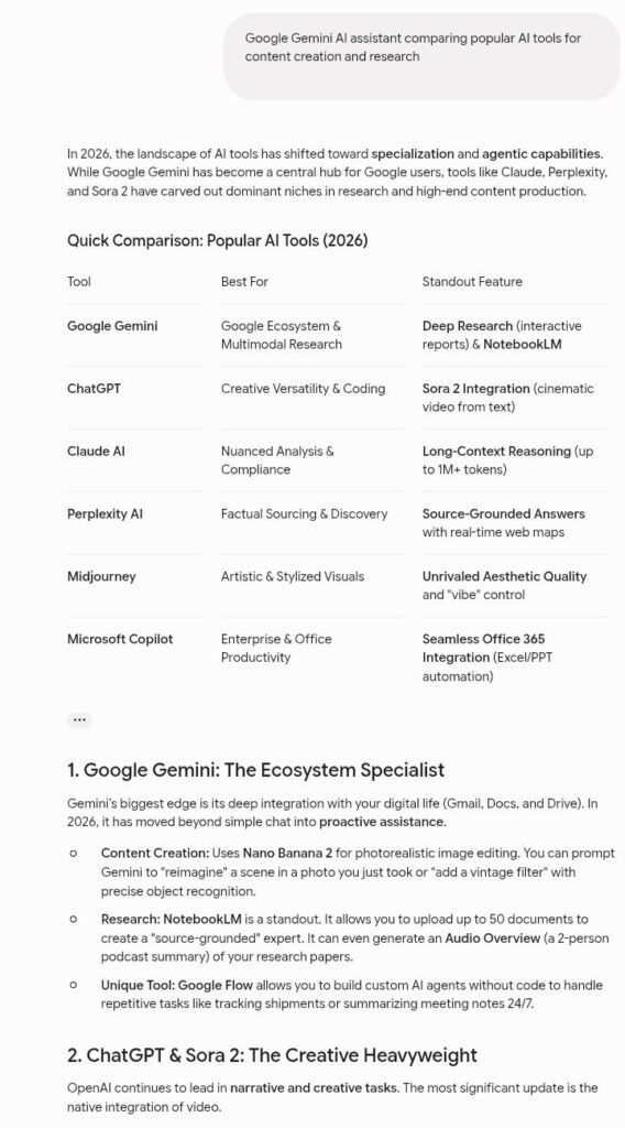 Google Gemini AI assistant for research, summaries, and content creation in 2026
