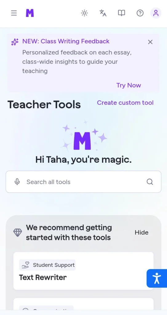 MagicSchool AI teacher dashboard interface with AI tools for lesson planning and classroom management