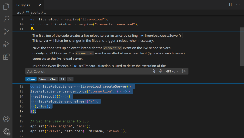 VS Code GitHub Copilot chat assistant explaining and generating code for developers in real time
