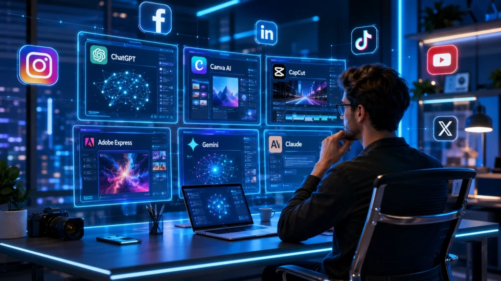 Best AI tools for social media content creation in 2026 helping creators design graphics, write captions, edit videos, and automate content workflows.