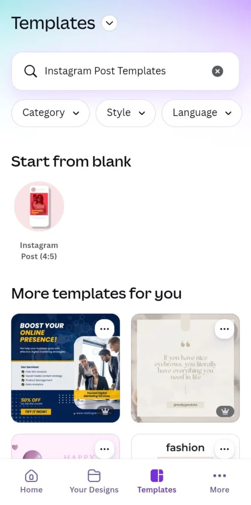 Canva AI editor creating an Instagram post template