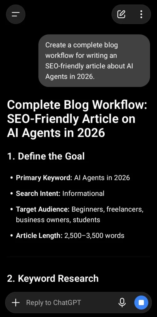ChatGPT AI assistant helping create an SEO-friendly article about AI Agents in 2026