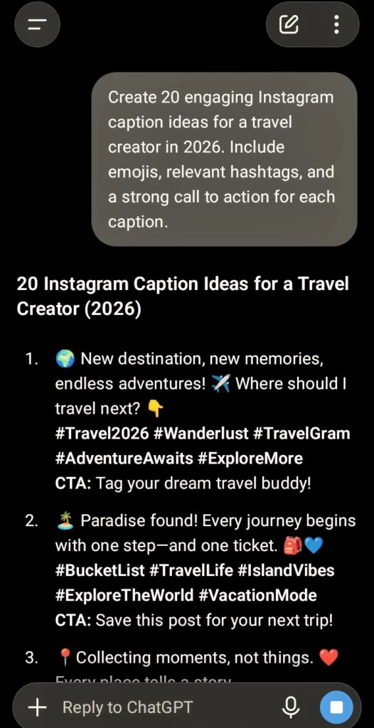 ChatGPT generating Instagram captions hashtags and content ideas for creators