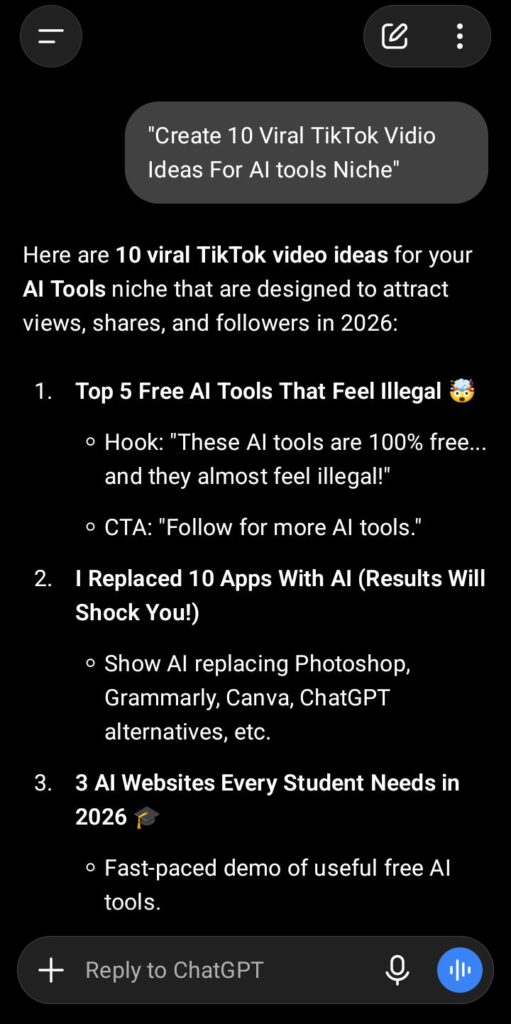 ChatGPT generating TikTok content ideas for creators in 2026